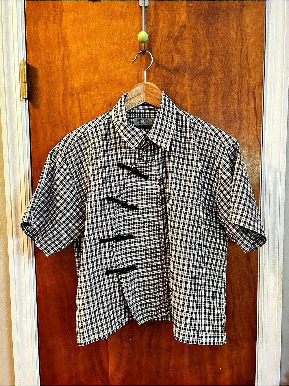 Upcycled Asian knot tie shirt, women’s large